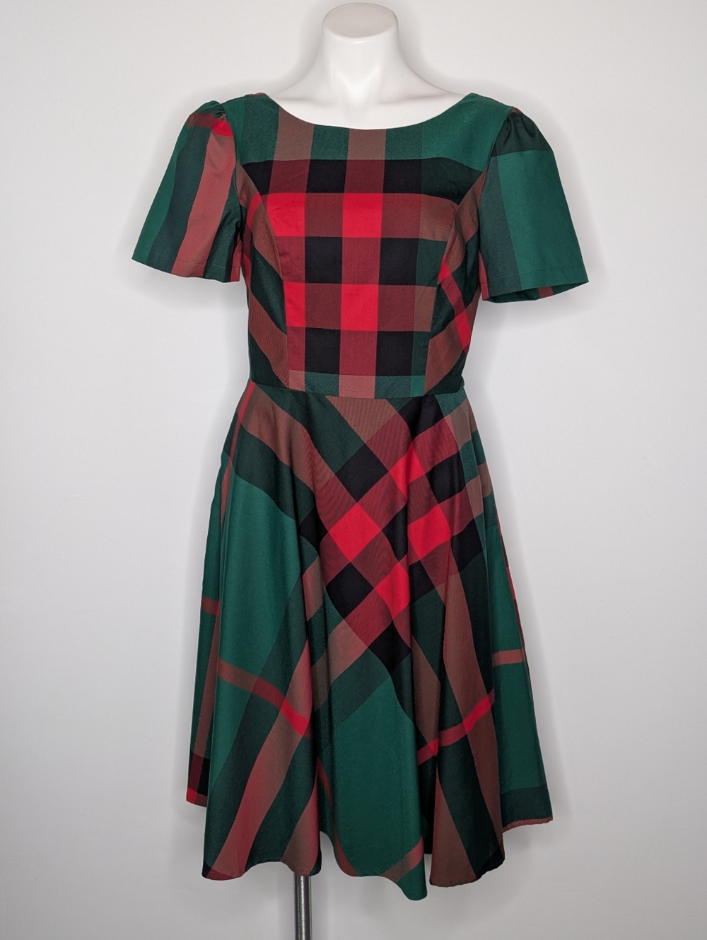 NWT Modcloth Red Green Plaid Fit & Flare Shirt Sleeve Christmas Holiday Dress 10